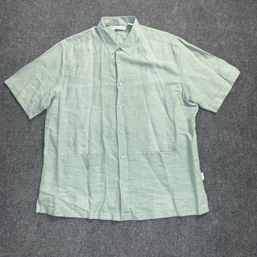 Cubavera Mens XL Green Linen Cotton Shirt Embroidered Short Sleeve Button Up
